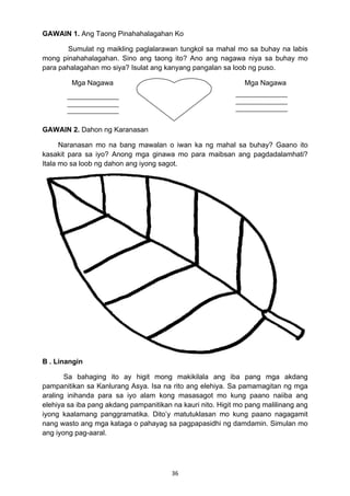 GAWAIN 1. Ang Taong Pinahahalagahan Ko 
Sumulat ng maikling paglalarawan tungkol sa mahal mo sa buhay na labis 
mong pinahahalagahan. Sino ang taong ito? Ano ang nagawa niya sa buhay mo 
para pahalagahan mo siya? Isulat ang kanyang pangalan sa loob ng puso. 
Mga Nagawa Mga Nagawa 
36 
GAWAIN 2. Dahon ng Karanasan 
Naranasan mo na bang mawalan o iwan ka ng mahal sa buhay? Gaano ito 
kasakit para sa iyo? Anong mga ginawa mo para maibsan ang pagdadalamhati? 
Itala mo sa loob ng dahon ang iyong sagot. 
B . Linangin 
Sa bahaging ito ay higit mong makikilala ang iba pang mga akdang 
pampanitikan sa Kanlurang Asya. Isa na rito ang elehiya. Sa pamamagitan ng mga 
araling inihanda para sa iyo alam kong masasagot mo kung paano naiiba ang 
elehiya sa iba pang akdang pampanitikan na kauri nito. Higit mo pang malilinang ang 
iyong kaalamang panggramatika. Dito’y matutuklasan mo kung paano nagagamit 
nang wasto ang mga kataga o pahayag sa pagpapasidhi ng damdamin. Simulan mo 
ang iyong pag-aaral. 
 
