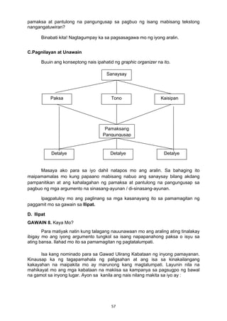 pamaksa at pantulong na pangungusap sa pagbuo ng isang mabisang tekstong 
nangangatuwiran? 
Binabati kita! Nagtagumpay ka sa pagsasagawa mo ng iyong aralin. 
Sanaysay 
Paksa Tono Kaisipan 
Pamaksang 
Pangungusap 
Detalye Detalye Detalye 
57 
C.Pagnilayan at Unawain 
Buuin ang konseptong nais ipahatid ng graphic organizer na ito. 
Masaya ako para sa iyo dahil natapos mo ang aralin. Sa bahaging ito 
maipamamalas mo kung papaano mabisang nabuo ang sanaysay bilang akdang 
pampanitikan at ang kahalagahan ng pamaksa at pantulong na pangungusap sa 
pagbuo ng mga argumento na sinasang-ayunan / di-sinasang-ayunan. 
Ipagpatuloy mo ang paglinang sa mga kasanayang ito sa pamamagitan ng 
paggamit mo sa gawain sa Ilipat. 
D. Ilipat 
GAWAIN 8. Kaya Mo? 
Para matiyak natin kung talagang nauunawaan mo ang araling ating tinalakay 
ibigay mo ang iyong argumento tungkol sa isang napapanahong paksa o isyu sa 
ating bansa. Ilahad mo ito sa pamamagitan ng pagtatalumpati. 
Isa kang nominado para sa Gawad Ulirang Kabataan ng inyong pamayanan. 
Kinausap ka ng tagapamahala ng paligsahan at ang isa sa kinakailangang 
kakayahan na maipakita mo ay marunong kang magtalumpati. Layunin nila na 
mahikayat mo ang mga kabataan na makiisa sa kampanya sa pagsugpo ng bawal 
na gamot sa inyong lugar. Ayon sa kanila ang nais nilang makita sa iyo ay : 
 
