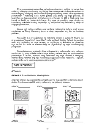 Pinangungunahan ng pamilya ng hari ang sistemang pulitikal ng bansa. Ang 
malaking bilang ng pamilya ang nagbibigay daan upang makontrol ang karamihan sa 
mahahalagang posisyong sa kaharian at upang mapabilang sila sa lahat ng antas ng 
pamahalaan Tinatayang nasa 7,000 pataas ang bilang ng mga prinsipe, at 
karamihan sa kapangyarihan at impluwensya ayhawak ng 200 o higit pang mga 
inanak na lalaki ng Haring Abdul Aziz. Ang mga pangunahing mga ministro ay 
karaniwang nakalaan lamang sa pamilya ng hari,pati rin ang labintatlong rehiyunal 
na pagkagubernador. 
Upang higit nating makilala ang kanilang natatanging kultura, muli tayong 
maglakbay sa Timog Kanlurang Asya at ating pag-aralan ang ilan sa kanilang 
panitikan. 
Ang Aralin 3.5 ay naglalaman ng nobelang isinalin ni Julieta U. Rivera na 
pinamagatang “Isang Libo’t Isang Gabi” mula sa Saudi Arabia. Bahagi rin ng ating 
aralin ang pagtalakay sa mga pahayag na nagbibigay ng katuwiran sa ginawi ng 
mga tauhan sa akda na makatutulong sa paghahanay ng mga mahahalagang 
pangyayari. 
Sa pagtatapos ng araling ito, ikaw ay inaasahang makasusulat nang mahusay 
na sinopsis ng isang nobela mula sa mga akdang nabasa batay sa sumusunod na 
pamantayan 1.Tauhan, malinaw bang nailarawan ang mga tauhan? 2. Banghay, 
malinaw bang nailahad ang mga mahahalagang pangyayari sa nobela? 3. Tagpuan, 
nailarawan ba kung saan naganap ang pangyayari? 
A.Tuklasin 
GAWAIN 1.Scrambled Letter, Gawing Better 
Ang mga larawan ay nagpapakita ng mga bagay na mapagkikilan sa bansang Saudi 
Arabia. Ayusin ang mga titik upang mabuo ang pangalan ng larawan. 
ARUQN___________ IENGI______________ BNUTAR__________ 
AABKA_________ YABAA ___________ OYKAELM_________ 
59 
Yugto ng Pagkatuto 
 