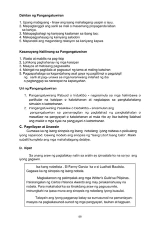 Dahilan ng Pangangatuwiran 
1. Upang mabigyang - linaw ang isang mahalagang usapin o isyu. 
2. Maipagtanggol ang sarili sa mali o masamang propaganda laban 
sa kaniya. 
3. Makapagbahagi ng kaniyang kaalaman sa ibang tao; 
4. Makapagpahayag ng kaniyang saloobin 
5. Mapanatili ang magandang relasyon sa kaniyang kapwa 
Kasanayang Nalilinang sa Pangangatuwiran 
1. Wasto at mabilis na pag-iisip 
2. Lohikong paghahanay ng mga kaisipan 
3. Maayos at mabisang pagsasalita 
4. Maingat na pagkilala at pagsusuri ng tama at maling katwiran 
5. Pagpapahalaga sa kagandahang asal gaya ng pagtitimpi o pagpipigil 
ng sarili at pag- unawa sa mga karaniwang inilahad ng iba 
o pagtanggap sa nararapat na kapasyahan. 
Uri ng Pangangatuwiran 
1. Pangangatuwirang Pabuod o Induktibo - nagsisimula sa mga halimbawa o 
partikular na kaisipan o katotohanan at nagtatapos sa pangkalahatang 
simulain o katotohanan. 
2. Pangangatuwirang Pasaklaw o Dedaktibo - sinisimulan ang 
pangangatuwiran sa pamamagitan ng paglalahad ng pangkalahatan o 
masaklaw na pangyayari o katotohanan at mula rito ay iisa-isahing ilalahad 
ang maliliit o mga tiyak na pangyayari o katotohanan. 
69 
C. Pagnilayan at Unawain 
Gumawa ka ng isang sinopsis ng ibang nobelang iyong nabasa o pelikulang 
iyong napanood. Gawing modelo ang sinopsis ng “Isang Libo’t Isang Gabi”. Maikli 
subalit kumpleto ang mga mahahalagang detalye. 
D. Ilipat 
Sa unang araw ng pagtalakay natin sa aralin ay ipinaalala ko na sa iyo ang 
iyong gagawin. 
Isa kang nobelista . Si Fanny Garcia ka o si Lualhati Bautista. 
Gagawa ka ng sinopsis ng isang nobela. 
Magkakaroon ng patimpalak ang mga Writer’s Guild sa Pilipinas. 
Pararangalan ng Carlos Palanca Awards ang may pinakamahusay na 
nobela. Para makahabol ka sa itinakdang araw ng pagsusumite, 
iminungkahi na ipasa muna ang sinopsis ng nobelang iyong isusulat. 
Tatayain ang iyong pagganap batay sa sumusunod na pamantayan: 
maayos na pagkakasunod-sunod ng mga pangyayari, tauhan at tagpuan. 
 