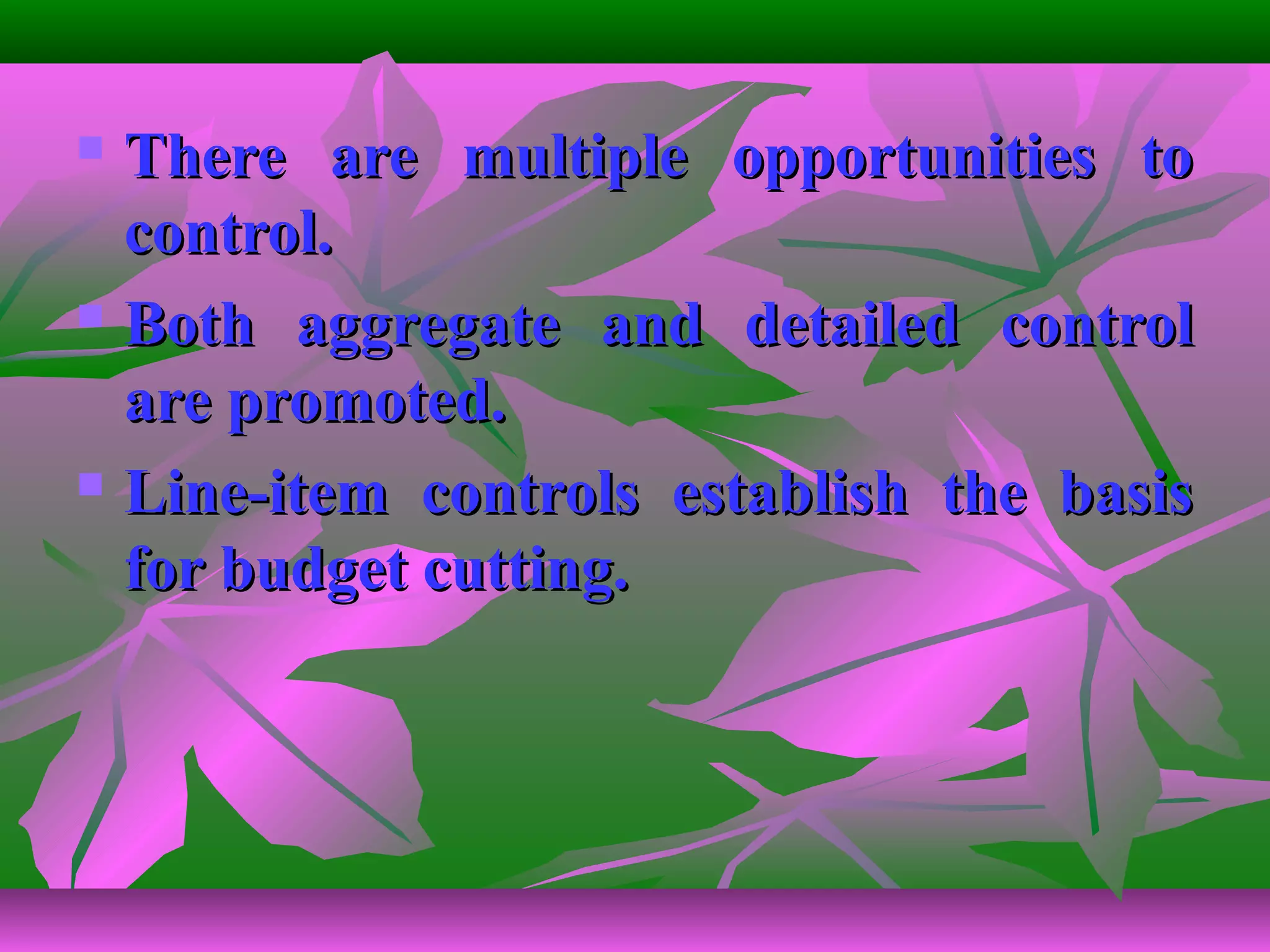  There are multiple opportunities toThere are multiple opportunities to
control.control.
 Both aggregate and detailed controlBoth aggregate and detailed control
are promoted.are promoted.
 Line-item controls establish the basisLine-item controls establish the basis
for budget cutting.for budget cutting.
 