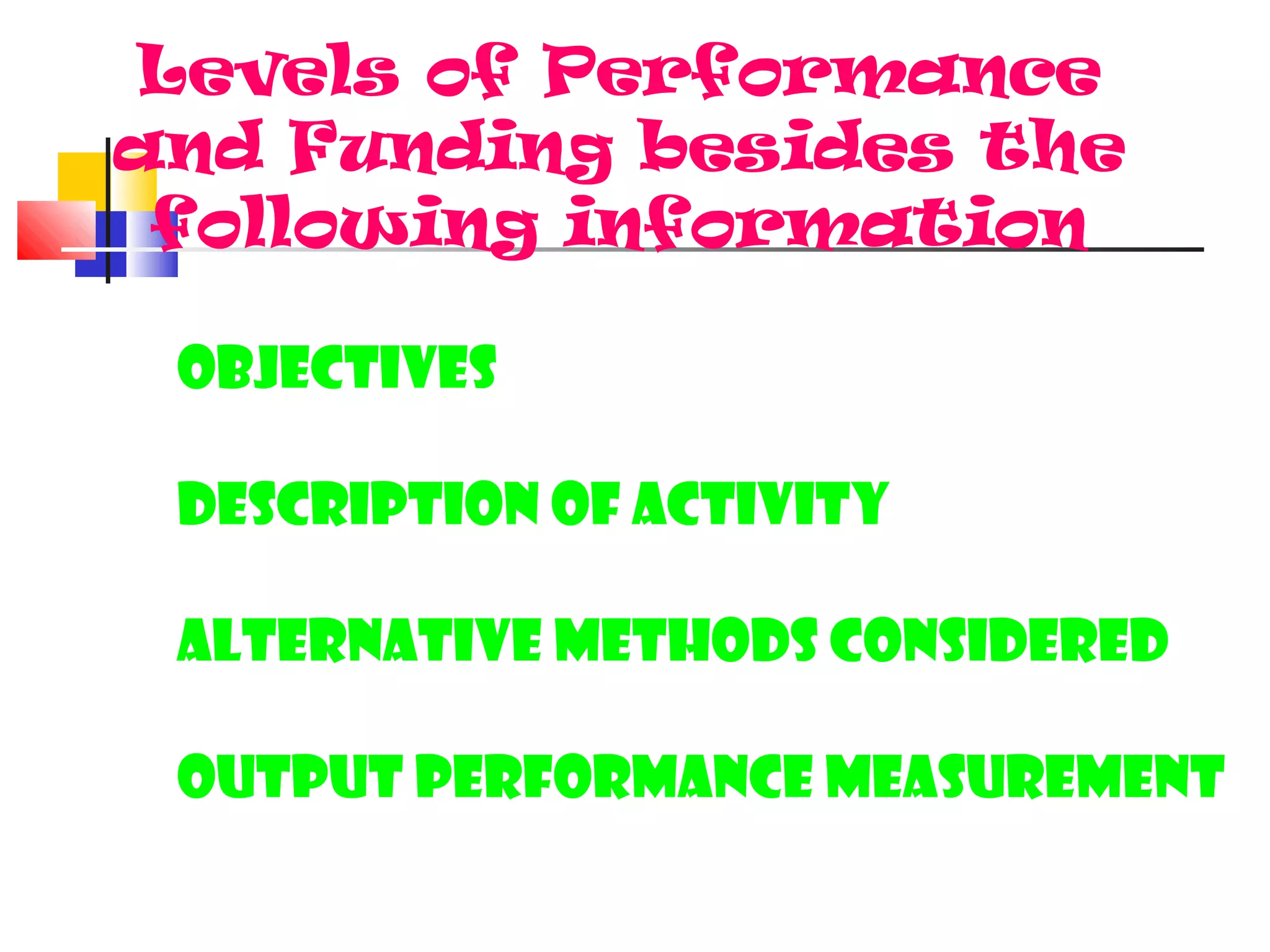 Levels of Performance
and Funding besides the
following information
Objectives
Description of activity
Alternative methods considered
Output performance measurement
 