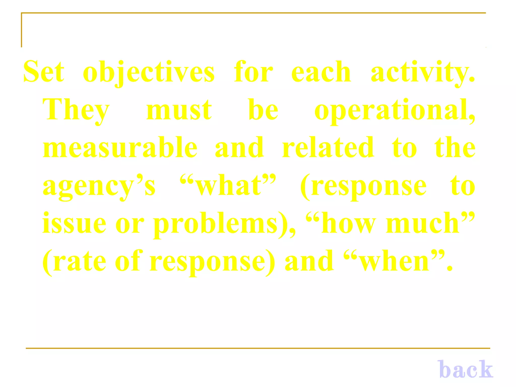 Set objectives for each activity.
They must be operational,
measurable and related to the
agency’s “what” (response to
issue or problems), “how much”
(rate of response) and “when”.
back
 