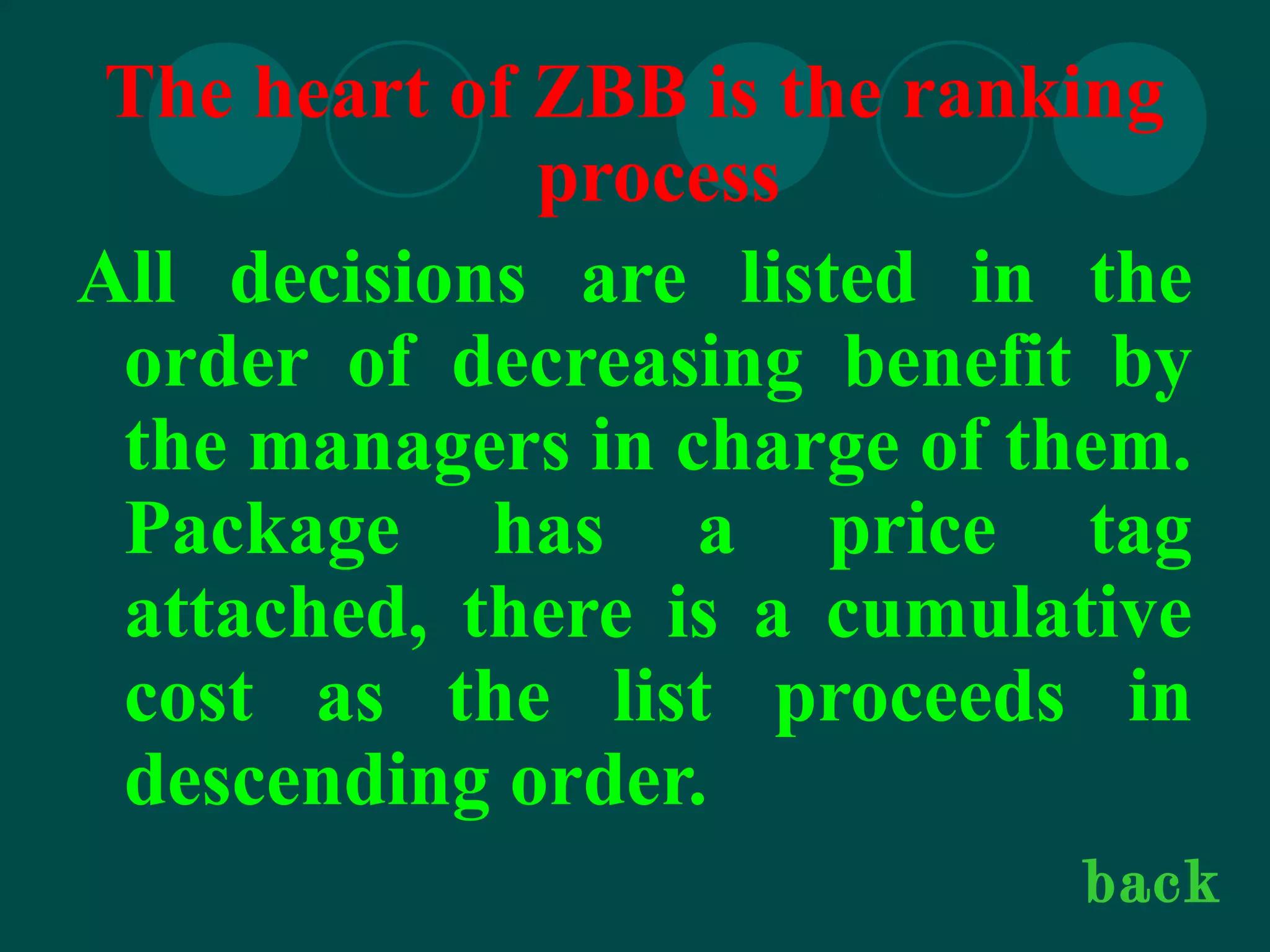 The heart of ZBB is the ranking
process
All decisions are listed in the
order of decreasing benefit by
the managers in charge of them.
Package has a price tag
attached, there is a cumulative
cost as the list proceeds in
descending order.
back
 
