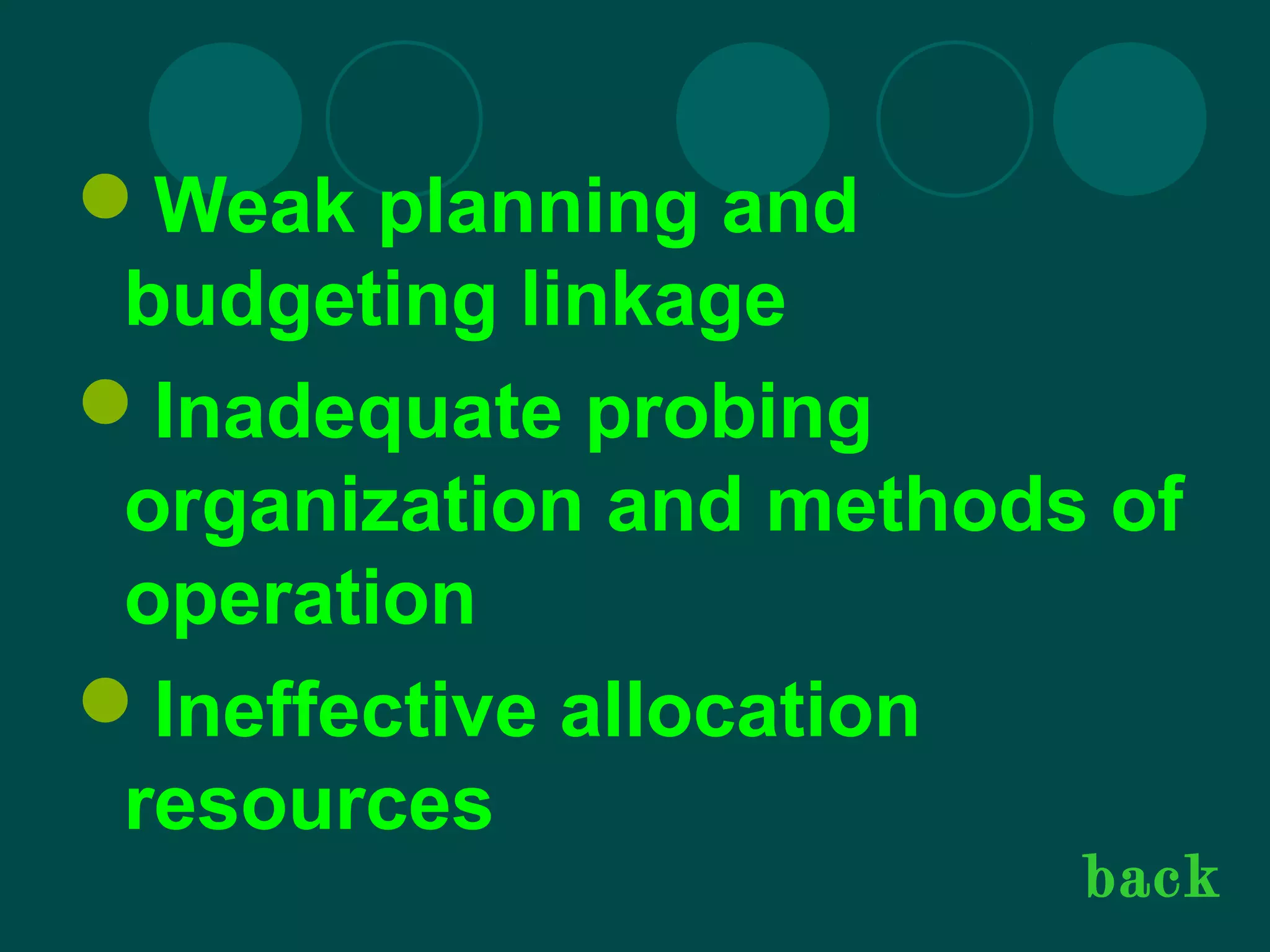 Weak planning and
budgeting linkage
Inadequate probing
organization and methods of
operation
Ineffective allocation
resources
back
 