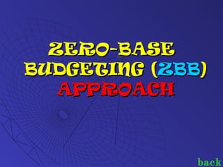 ZERO-BASEZERO-BASE
BUDGETING (BUDGETING (ZBBZBB))
APPROACHAPPROACH
back
 