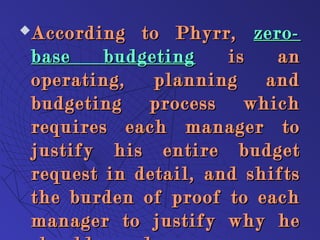 According to Phyrr,According to Phyrr, zero-zero-
base budgetingbase budgeting is anis an
operating, planning andoperating, planning and
budgeting process whichbudgeting process which
requires each manager torequires each manager to
justify his entire budgetjustify his entire budget
request in detail, and shiftsrequest in detail, and shifts
the burden of proof to eachthe burden of proof to each
manager to justify why hemanager to justify why he
 