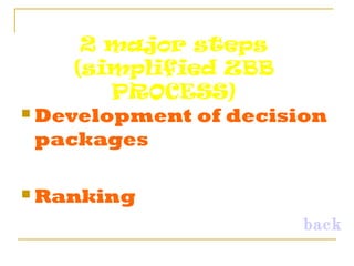 2 major steps
(simplified ZBB
PROCESS)
 Development of decision
packages
 Ranking
back
 