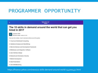PROGRAMMER OPPORTUNITY
https://finance.yahoo.com/news/10-skills-demand-around-world-144000432.html
 