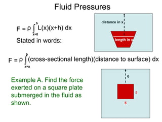 Stated in words:
∫x=0
b
ρ L(x)(x+h) dxF =
∫
b
ρ (cross-sectional length)(distance to surface) dxF =
distance in x
length in x
x=a
Example A. Find the force
exerted on a square plate
submerged in the fluid as
shown.
5
6
5
Fluid Pressures
 