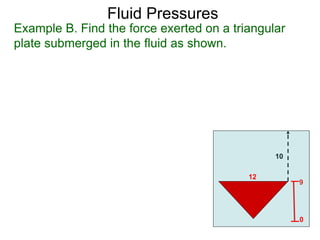 9
Example B. Find the force exerted on a triangular
plate submerged in the fluid as shown.
10
12
0
Fluid Pressures
 