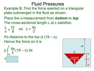 9
x
Example B. Find the force exerted on a triangular
plate submerged in the fluid as shown.
Place the x-measurement from bottom to top.
10
12
0
x
L(x)=4x/3
The cross-sectional length L at x satisfies:
L
x =
12
9
so L = 4x
3
It's distance to the top is (19 – x).
Hence the force on it is
ρ (19 – x) dx
= 702ρ
∫x=0
9
4x
3
Fluid Pressures
 