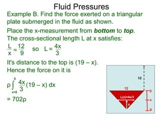 9
x
Example B. Find the force exerted on a triangular
plate submerged in the fluid as shown.
Place the x-measurement from bottom to top.
10
12
0
x
L(x)=4x/3
The cross-sectional length L at x satisfies:
L
x =
12
9
so L = 4x
3
It's distance to the top is (19 – x).
Hence the force on it is
ρ (19 – x) dx
= 702ρ
∫x=0
9
4x
3
Fluid Pressures
 
