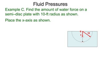 Place the x-axis as shown.
0
x
10
Example C. Find the amount of water force on a
semi–disc plate with 10-ft radius as shown.
Fluid Pressures
 