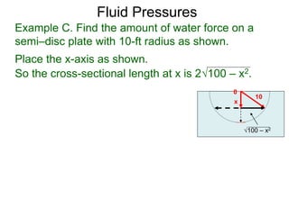 Place the x-axis as shown.
0
x
10
100 – x2
Example C. Find the amount of water force on a
semi–disc plate with 10-ft radius as shown.
So the cross-sectional length at x is 2100 – x2.
Fluid Pressures
 