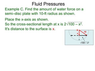 Place the x-axis as shown.
0
x
10
100 – x2
It's distance to the surface is x.
Example C. Find the amount of water force on a
semi–disc plate with 10-ft radius as shown.
So the cross-sectional length at x is 2100 – x2.
Fluid Pressures
 
