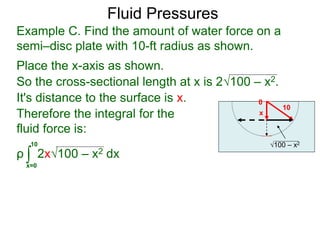 Place the x-axis as shown.
0
x
10
100 – x2
It's distance to the surface is x.
Therefore the integral for the
fluid force is:
ρ 2x100 – x2 dx∫x=0
10
Example C. Find the amount of water force on a
semi–disc plate with 10-ft radius as shown.
So the cross-sectional length at x is 2100 – x2.
Fluid Pressures
 