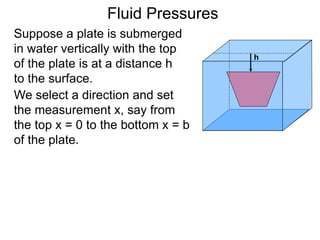 Suppose a plate is submerged
in water vertically with the top
of the plate is at a distance h
to the surface.
h
We select a direction and set
the measurement x, say from
the top x = 0 to the bottom x = b
of the plate.
Fluid Pressures
 