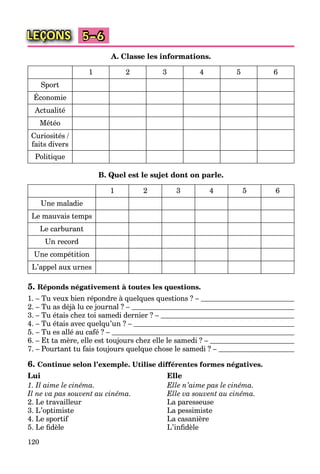 120
LEÇONS 5–6
A. Classe les informations.
1 2 3 4 5 6
Sport
Économie
Actualité
Météo
Curiosités /
faits divers
Politique
B. Quel est le sujet dont on parle.
1 2 3 4 5 6
Une maladie
Le mauvais temps
Le carburant
Un record
Une compétition
L’appel aux urnes
5. Réponds négativement à toutes les questions.
1. – Tu veux bien répondre à quelques questions ? –
2. – Tu as déjà lu ce journal ? –
3. – Tu étais chez toi samedi dernier ? –
4. – Tu étais avec quelqu’un ? –
5. – Tu es allé au café ? –
6. – Et ta mère, elle est toujours chez elle le samedi ? –
7. – Pourtant tu fais toujours quelque chose le samedi ? –
6. Continue selon l’exemple. Utilise différentes formes négatives.
Lui Elle
1. Il aime le cinéma. Elle n’aime pas le cinéma.
Il ne va pas souvent au cinéma. Elle va souvent au cinéma.
2. Le travailleur La paresseuse
3. L’optimiste La pessimiste
4. Le sportif La casanière
5. Le ﬁdèle L’inﬁdèle
 