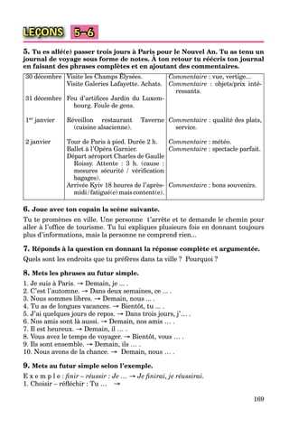169
LEÇONS 5–6
5. Tu es allé(e) passer trois jours à Paris pour le Nouvel An. Tu as tenu un
journal de voyage sous forme de notes. À ton retour tu réécris ton journal
p j p
en faisant des phrases complètes et en ajoutant des commentaires.
30 décembre
31 décembre
1er janvier
2 janvier
Visite les Champs Élysées.É
Visite Galeries Lafayette. Achats.
Feu d’artiﬁces Jardin du Luxem-
bourg. Foule de gens.
Réveillon restaurant Taverne
(cuisine alsacienne).
Tour de Paris à pied. Durée 2 h.
Ballet à l’Opéra Garnier.
Départ aéroport Charles de Gaulle
Roissy. Attente : 3 h. (cause :
mesures sécurité / vériﬁcation
bagages).
Arrivée Kyiv 18 heures de l’après-
midi/fatigué(e)maiscontent(e).
Commentaire : vue, vertige...
Commentaire : objets/prix inté-
ressants.
Commentaire : qualité des plats,
service.
Commentaire : météo.
Commentaire : spectacle parfait.
Commentaire : bons souvenirs.
6. Joue avec ton copain la scène suivante.
Tu te promènes en ville. Une personne t’arrête et te demande le chemin pour
aller à l’ofﬁce de tourisme. Tu lui expliques plusieurs fois en donnant toujours
plus d’informations, mais la personne ne comprend rien...
7. Réponds à la question en donnant la réponse complète et argumentée.
Quels sont les endroits que tu préfères dans ta ville ? Pourquoi ?
8. Mets les phrases au futur simple.
1. Je suis à Paris. → Demain, je ... .
2. C’est l’automne. → Dans deux semaines, ce ... .
3. Nous sommes libres. → Demain, nous ... .
4. Tu as de longues vacances. → Bientôt, tu ... .
5. J’ai quelques jours de repos. → Dans trois jours, j’… .
6. Nos amis sont là aussi. → Demain, nos amis … .
7. Il est heureux. → Demain, il … .
8. Vous avez le temps de voyager. → Bientôt, vous … .
9. Ils sont ensemble. → Demain, ils … .
10. Nous avons de la chance. → Demain, nous … .
9. Mets au futur simple selon l’exemple.
E x e m p l e : ﬁnir – réussir : Je … → Je ﬁnirai, je réussirai.
1. Choisir – réﬂéchir : Tu … →
 