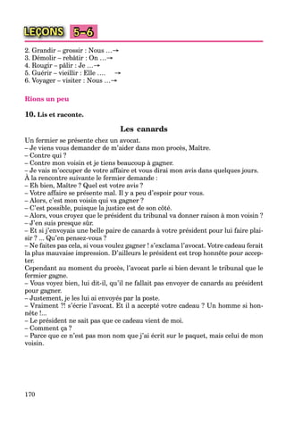 170
LEÇONS 5–6
2. Grandir – grossir : Nous …→
3. Démolir – rebâtir : On …→
4. Rougir – pâlir : Je …→
5. Guérir – vieillir : Elle …. →
6. Voyager – visiter : Nous …→
Rions un peu
10. Lis et raconte.
Les canards
Un fermier se présente chez un avocat.
– Je viens vous demander de m’aider dans mon procès, Maître.
– Contre qui ?
– Contre mon voisin et je tiens beaucoup à gagner.
– Je vais m’occuper de votre affaire et vous dirai mon avis dans quelques jours.
À la rencontre suivante le fermier demande :
p
– Eh bien, Maître ? Quel est votre avis ?
– Votre affaire se présente mal. Il y a peu d’espoir pour vous.
– Alors, c’est mon voisin qui va gagner ?
– C’est possible, puisque la justice est de son côté.
– Alors, vous croyez que le président du tribunal va donner raison à mon voisin ?
– J’en suis presque sûr.
– Et si j’envoyais une belle paire de canards à votre président pour lui faire plai-
sir ? ... Qu’en pensez-vous ?
– Ne faites pas cela, si vous voulez gagner ! s’exclama l’avocat. Votre cadeau ferait
la plus mauvaise impression. D’ailleurs le président est trop honnête pour accep-
ter.
Cependant au moment du procès, l’avocat parle si bien devant le tribunal que le
fermier gagne.
– Vous voyez bien, lui dit-il, qu’il ne fallait pas envoyer de canards au président
pour gagner.
– Justement, je les lui ai envoyés par la poste.
– Vraiment ?! s’écrie l’avocat. Et il a accepté votre cadeau ? Un homme si hon-
nête !...
– Le président ne sait pas que ce cadeau vient de moi.
– Comment ça ?
– Parce que ce n’est pas mon nom que j’ai écrit sur le paquet, mais celui de mon
voisin.
 