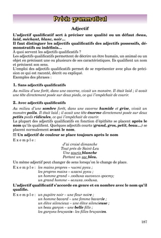 187
Précis grammatical
Adjectif
L’adjectif qualiﬁcatif sert à préciser une qualité ou un défaut :beau,
laid, méchant, blanc, noir…
Il faut distinguer les adjectifs qualiﬁcatifs des adjectifs possessifs, dé-
monstratifs ou indéﬁnis…
À quoi servent les adjectifs qualiﬁcatifs ?
Les adjectifs qualiﬁcatifs permettent de décrire un être humain, un animal ou un
objet en précisant une ou plusieurs de ses caractéristiques. Ils qualiﬁent un nom
et précisent son sens.
L’emploi des adjectifs qualiﬁcatifs permet de se représenter avec plus de préci-
sion ce qui est raconté, décrit ou expliqué.
Exemples des phrases :
1. Sans adjectifs qualiﬁcatifs
Au milieu d’une forêt, dans une caverne, vivait un monstre. Il était laid ; il avait
une tête directement posée sur deux pieds, ce qui l’empêchait de courir.
2. Avec adjectifs qualiﬁcatifs
Au milieu d’une sombre forêt, dans une caverne humide et grise, vivait un
monstre poilu. Il était laid ; il avait une tête énorme directement posée sur deux
petits pieds ridicules, ce qui l’empêchait de courir.
La plupart des adjectifs qualiﬁcatifs en fonction d’épithète se placent après le
nom qu’ils qualiﬁent. Quelques adjectifs courts (grand, gros, petit, beau…)(( se
placent normalement avant le nom.
!!! Un adjectif de couleur se place toujours après le nom
E x e m p l e :
J’ai croisé dimanche
Tout près de Saint-Leu
Une souris blanche
Portant un sac bleu.
Un même adjectif peut changer de sens lorsqu’on le change de place.
E x e m p l e : les mains propres – чисті руки ;
les propres mains – власні руки ;
un homme grand – людина високого зросту;
un grand homme – велика людина.
L’adjectif qualiﬁcatif s’accorde en genre et en nombre avec le nom qu’il
qualiﬁe.
E x e m p l e : un pupitre noir – une ﬂeur noirerr ;
un homme bavard – une femme bavardedd ;
un élève silencieux – une élève silencieuse ;
un beau garçon – une belle ﬁlle ;
les garçons bruyantstt – les ﬁlles bruyantestt .
 