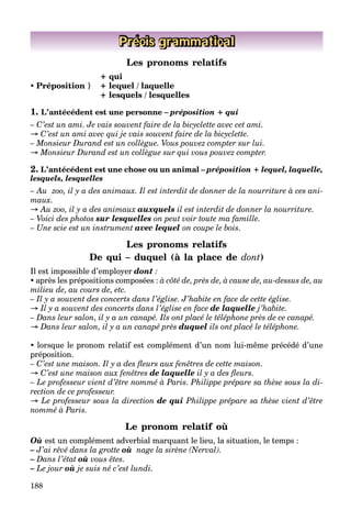 188
Précis grammatical
Les pronoms relatifs
+ qui
 Préposition } + lequel / laquelle
+ lesquels / lesquelles
1. L’antécédent est une personne – préposition + qui
– C’est un ami. Je vais souvent faire de la bicyclette avec cet ami.
→ C’est un ami avec qui je vais souvent faire de la bicyclette.
– Monsieur Durand est un collègue. Vous pouvez compter sur lui.
→ Monsieur Durand est un collègue sur qui vous pouvez compter.
2. L’antécédent est une chose ou un animal – préposition + lequel, laquelle,
lesquels, lesquelles
– Au zoo, il y a des animaux. Il est interdit de donner de la nourriture à ces ani-
maux.
→ Au zoo, il y a des animaux auxquels il est interdit de donner la nourriture.
– Voici des photos sur lesquelles on peut voir toute ma famille.
– Une scie est un instrument avec lequel on coupe le bois.
Les pronoms relatifs
De qui – duquel (à la place de dont)
Il est impossible d’employer dont :
 après les prépositions composées : à côté de, près de, à cause de, au-dessus de, au
milieu de, au cours de, etc.
– Il y a souvent des concerts dans l’église. J’habite en face de cette église.
→ Il y a souvent des concerts dans l’église en face de laquelle j’habite.
– Dans leur salon, il y a un canapé. Ils ont placé le téléphone près de ce canapé.
→ Dans leur salon, il y a un canapé près duquel ils ont placé le téléphone.
 lorsque le pronom relatif est complément d’un nom lui-même précédé d’une
préposition.
– C’est une maison. Il y a des ﬂeurs aux fenêtres de cette maison.
→ C’est une maison aux fenêtres de laquelle il y a des ﬂeurs.
– Le professeur vient d’être nommé à Paris. Philippe prépare sa thèse sous la di-
rection de ce professeur.
→ Le professeur sous la direction de qui Philippe prépare sa thèse vient d’être
nommé à Paris.
Le pronom relatif où
Où est un complément adverbial marquant le lieu, la situation, le temps :
– J’ai rêvé dans la grotte où nage la sirène (Nerval).
– Dans l’état où vous êtes.
– Le jour où je suis né c’est lundi.
 