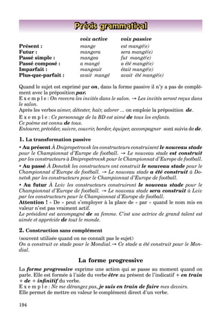 194
Précis grammatical
voix active voix passive
Présent : mange est mangé(e)
Futur : mangera sera mangé(e)
Passé simple : mangea fut mangé(e)
Passé composé : a mangé a été mangé(e)
Imparfait : mangeait était mangé(e)
Plus-que-parfait : avait mangé avait été mangé(e)
Quand le sujet est exprimé par on, dans la forme passive il n’y a pas de complé-
ment avec la préposition par.
E x e m p l e : On recevra les invités dans le salon. → Les invités seront reçus dans
le salon.
Après les verbes aimer, détester, haïr, adorer ... on emploie la préposition de.
E x e m p l e : Ce personnage de la BD est aimé de tous les enfants.
Ce poème est connu de tous.
Entourer, précéder, suivre, couvrir, border, équiper, accompagner sont suivis de de.
1. La transformation passive
 Au présent À Dnipropetrovsk les constructeurs construisent le nouveau stade
pour le Championnat d’Europe de football. → Le nouveau stade est construit
par les constructeurs à Dnipropetrovsk pour le Championnat d’Europe de football.
 Au passé À Donetsk les constructeurs ont construit le nouveau stade pour le
Championnat d’Europe de football. → Le nouveau stade a été construit à Do-
netsk par les constructeurs pour le Championnat d’Europe de football.
 Au futur À Lviv les constructeurs construiront le nouveau stade pour le
Championnat d’Europe de football. → Le nouveau stade sera construit à Lviv
par les constructeurs pour le Championnat d’Europe de football.
Attention ! « De » peut s’employer à la place de « par » quand le nom mis en
valeur n’est pas vraiment actif.
Le président est accompagné de sa femme. C’est une actrice de grand talent est
aimée et appréciée de tout le monde.
2. Construction sans complément
(souvent utilisée quand on ne connaît pas le sujet)
On a construit ce stade pour le Mondial.→ Ce stade a été construit pour le Mon-
dial.
La forme progressive
La forme progressive exprime une action qui se passe au moment quand on
parle. Elle est formée à l’aide du verbe être au présent de l’indicatif + en train
+ de + inﬁnitif du verbe.
E x e m p l e : Ne me dérangez pas, je suis en train de faire mes devoirs.
Elle permet de mettre en valeur le complément direct d’un verbe.
 