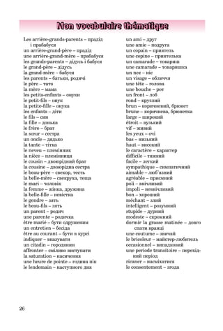 26
Mon vocabulaire thématique
Les arrière-grands-parents – прадід
і прабабуся
un arrière-grand-père – прадід
une arrière-grand-mère – прабабуся
les grands-parents – дідусь і бабуся
le grand-père – дідусь
la grand-mère – бабуся
les parents – батьки, родичі
le père – тато
la mère – мама
les petits-enfants – онуки
le petit-ﬁls – онук
la petite-ﬁlle – онука
les enfants – діти
le ﬁls – син
la ﬁlle – донька
le frère – брат
la sœur – сестра
un oncle – дядько
la tante – тітка
le neveu – племінник
la nièce – племінниця
le cousin – двоюрідний брат
la cousine – двоюрідна сестра
le beau-père – свекор, тесть
la belle-mère – свекруха, теща
le mari – чоловік
la femme – жінка, дружина
la belle-ﬁlle – невістка
le gendre – зять
le beau-ﬁls – зять
un parent – родич
une parente – родичка
être marié – бути одруженим
un entretien – бесіда
être au courant – бути в курсі
indiquer – вказувати
un citadin – городянин
affronter – сміливо виступати
la saturation – насичення
une heure de pointe – година пік
le lendemain – наступного дня
un ami – друг
une amie – подруга
un copain – приятель
une copine – приятелька
un camarade – товариш
une camarade – товаришка
un nez – ніс
un visage – обличчя
une tête – голова
une bouche – рот
un front – лоб
rond – круглий
brun – коричневий, брюнет
brune – коричнева, брюнетка
large – широкий
étroit – вузький
vif – живий
les yeux – очі
bas – низький
haut – високий
le caractère – характер
difﬁcile – тяжкий
facile – легкий
sympathique – симпатичний
aimable – люб’язний
agréable – приємний
poli – ввічливий
impoli – неввічливий
bon – хороший
méchant – злий
intelligent – розумний
stupide – дурний
modeste – скромний
dormir la grasse matinée – довго
спати вранці
une coutume – звичай
le bricoleur – майстер-любитель
occasionnel – випадковий
une periode transitoire – перехід-
ний період
ricaner – насміхатися
le consentement – згода
 