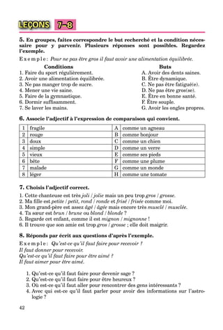 42
LEÇONS 7–8
5. En groupes, faites correspondre le but recherché et la condition néces-
saire pour y parvenir. Plusieurs réponses sont possibles. Regardez
l’exemple.
E x e m p l e : Pour ne pas être gros il faut avoir une alimentation équilibrée.
Conditions Buts
1. Faire du sport régulièrement. A. Avoir des dents saines.
2. Avoir une alimentation équilibrée. B. Être dynamique.
p g
3. Ne pas manger trop de sucre. C. Ne pas être fatigué(e).
4. Mener une vie saine. D. Ne pas être gros(se).
5. Faire de la gymnastique. E. Être en bonne santé.
p g
6. Dormir sufﬁsamment. F. Être souple.
gy q
7. Se laver les mains. G. Avoir les ongles propres.
6. Associe l’adjectif à l’expression de comparaison qui convient.
1 fragile A comme un agneau
2 rouge B comme bonjour
3 doux C comme un chien
4 simple D comme un verre
5 vieux E comme ses pieds
6 bête F comme une plume
7 malade G comme un monde
8 léger H comme une tomate
7. Choisis l’adjectif correct.
1. Cette chanteuse est très joli / jolie mais un peu trop gros / grosse.
2. Ma ﬁlle est petite / petit, rond / ronde et frisé / frisée comme moi.
3. Mon grand-père est assez âgé / âgée mais encore très musclé / musclée.
4. Ta sœur est brun / brune ou blond / blonde ?
5. Regarde cet enfant, comme il est mignon / mignonne !
6. Il trouve que son amie est trop gros / grosse ; elle doit maigrir.
8. Réponds par écrit aux questions d’après l’exemple.
E x e m p l e : Qu’est-ce qu’il faut faire pour recevoir ?
Il faut donner pour recevoir.
Qu’est-ce qu’il faut faire pour être aimé ?
Il faut aimer pour être aimé.
1. Qu’est-ce qu’il faut faire pour devenir sage ?
2. Qu’est-ce qu’il faut faire pour être heureux ?
3. Où est-ce qu’il faut aller pour rencontrer des gens intéressants ?
4. Avec qui est-ce qu’il faut parler pour avoir des informations sur l’astro-
logie ?
 