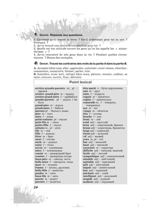 Devoir. Réponds aux questions.
1. Comment as-tu trouvé ce texte ? Est-il intéressant pour toi ou non ?
Pourquoi ?
2. As-tu trouvé une nouvelle information pour toi ?
3. Quelle est ton attitude envers les gens qu’on les appelle les « misan-
thropes » ?
4. As-tu rencontré de tels gens dans ta vie ? Pendant quelles circon-
stances ? Donne des exemples.
Devoir. Trouve les contraires des mots de la partie A dans la partie B.
A. Accepter (dire oui), aller, apprendre, autoriser, avoir raison, chercher,
commencer, construire, fermer, parler, rire.
B. Interdire, avoir tort, refuser (dire non), pleurer, revenir, oublier, se
taire, trouver, ouvrir, finir, détruire.
8.
7.
24
Point lexical
arrière-grands-parents m, pl –
предки
arrière- grand-père m – прадід
arrière-grand-mère f – прабабуся
grands-parents pl – дідусь і ба
буся
grand-père m – дідусь
grand-mère f – бабуся
parents pl – батько і мама
père m – тато
mère f – мама
petits-enfants pl – онуки
petit-fils m – онук
petite-fille f – онука
enfants m, pl – діти
fils m – син
fille f – донька
frère m – брат
sœur f – сестра
oncle m – дядько
tante f – тітка
neveu m – племінник
nièce f – племінниця
cousin m – двоюрідний брат
cousine f – двоюрідна сестра
beau-père m – свекор, тесть
belle-mère f – свекруха, теща
mari m – чоловік
femme f – жінка, дружина
belle-fille f – невістка
gendre m – зять
beau-fils m – зять
parent m – родич
parente f – родичка
être marié v – бути одруженим
ami m – друг
amie f – подруга
copain m – приятель
copine f – приятелька
camarade m, f – товариш,
товаришкa
nez m – ніс
visage m – обличчя
tête f – голова
bouche f – рот
front m – лоб
rond adj – круглий
brun adj – коричневий, брюнет
brune adj – коричнева, брюнетка
large adj – широкий
étroit adj – вузький
vif adj – живий
yeux m, pl – очі
bas adj – низький
haut adj – високий
caractère m – характер
difficile adj – тяжкий, важкий
facile adj – легкий
sympathique adj – симпатичний
aimable adj – люб’язний
agréable adj – приємний
poli adj – ввічливий
impoli adj – неввічливий
bon adj – хороший
méchant adj – злий
intelligent adj – розумний
stupide adj – дурний
modeste adj – скромний
_ _ _
 