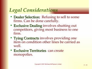 Legal Considerations Dealer Selection :   Refusing to sell to some firms. Can be done carefully. Exclusive Dealing  involves shutting out competitors, giving most business to one firm. Tying Contracts  involves providing one item on condition other lines be carried as well. Exclusive Territories   can create monopolies. 