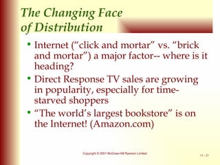 The Changing Face  of Distribution Internet  (“click and mortar” vs. “brick and mortar”)  a major factor-- where is it heading? Direct Response TV sales  are  growing in popularity, especially for time-starved  shoppers “ The world’s largest bookstore” is on the Internet! (Amazon.com) 