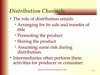 Distribution Channels The role of distribution entails: Arranging for its sale and transfer of title Promoting the product Storing the product Assuming some risk during distribution. Intermediaries often perform these activities for producer or consumer. 