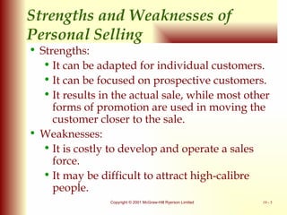 Strengths and Weaknesses of  Personal Selling Strengths: It can be adapted for individual customers. It can be focused on prospective customers. It results in the actual sale, while most other forms of promotion are used in moving the customer closer to the sale. Weaknesses: It is costly to develop and operate a sales force. It may be difficult to attract high-calibre people. 