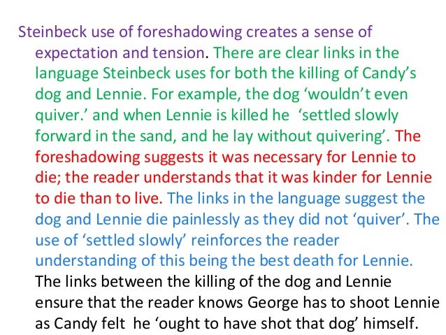 how steinbeck uses foreshadowing and settings John steinbeck uses foreshadowing through out the story of “of mice and men” to prepare the reader for the final scene foreshadowing is the composition of. how steinbeck uses foreshadowing and settings John steinbeck uses foreshadowing through out the story of “of mice and men” to prepare the reader for the final scene foreshadowing is the composition of.