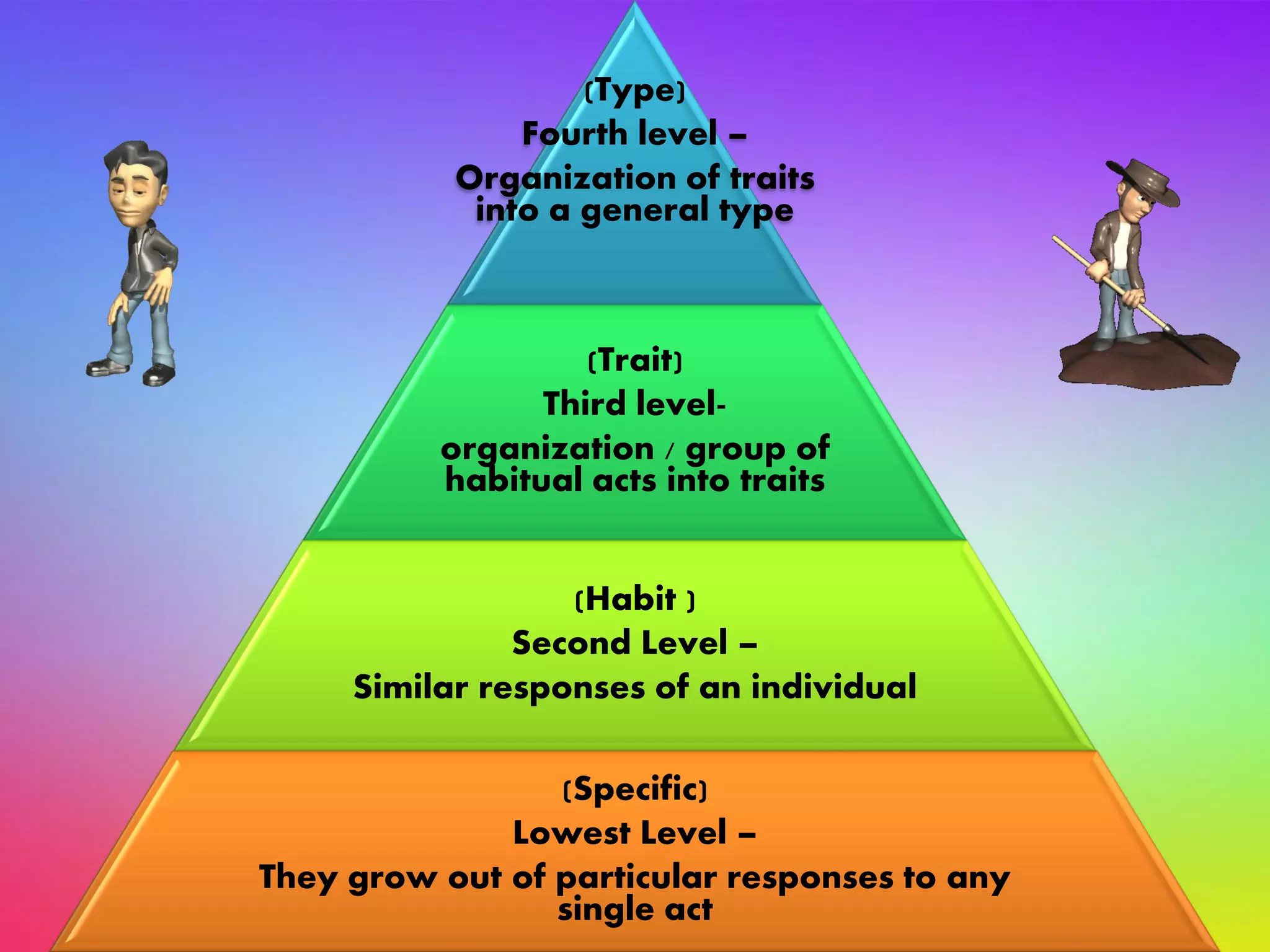 (Type)
Fourth level –
Organization of traits
into a general type
(Trait)
Third level-
organization / group of
habitual acts into traits
(Habit )
Second Level –
Similar responses of an individual
(Specific)
Lowest Level –
They grow out of particular responses to any
single act
 
