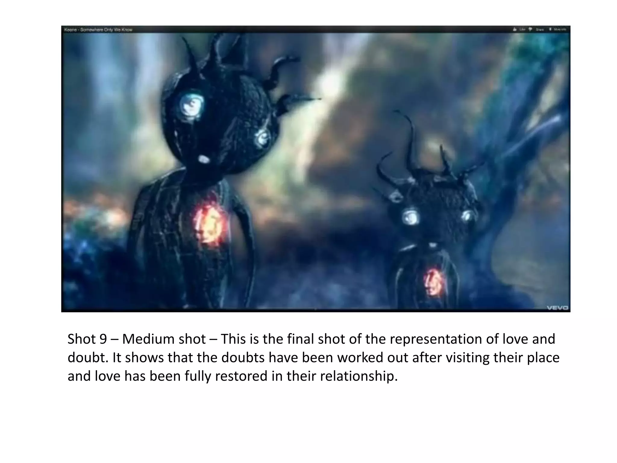 Shot 9 – Medium shot – This is the final shot of the representation of love and
doubt. It shows that the doubts have been worked out after visiting their place
and love has been fully restored in their relationship.
 