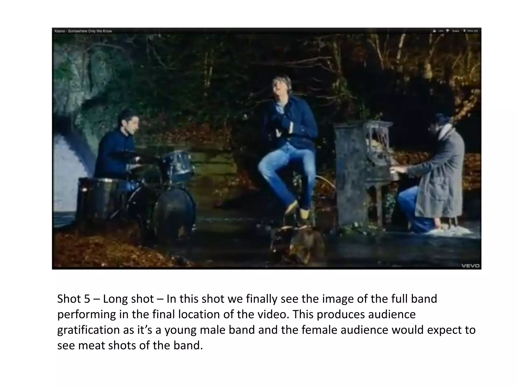 Shot 5 – Long shot – In this shot we finally see the image of the full band
performing in the final location of the video. This produces audience
gratification as it’s a young male band and the female audience would expect to
see meat shots of the band.
 