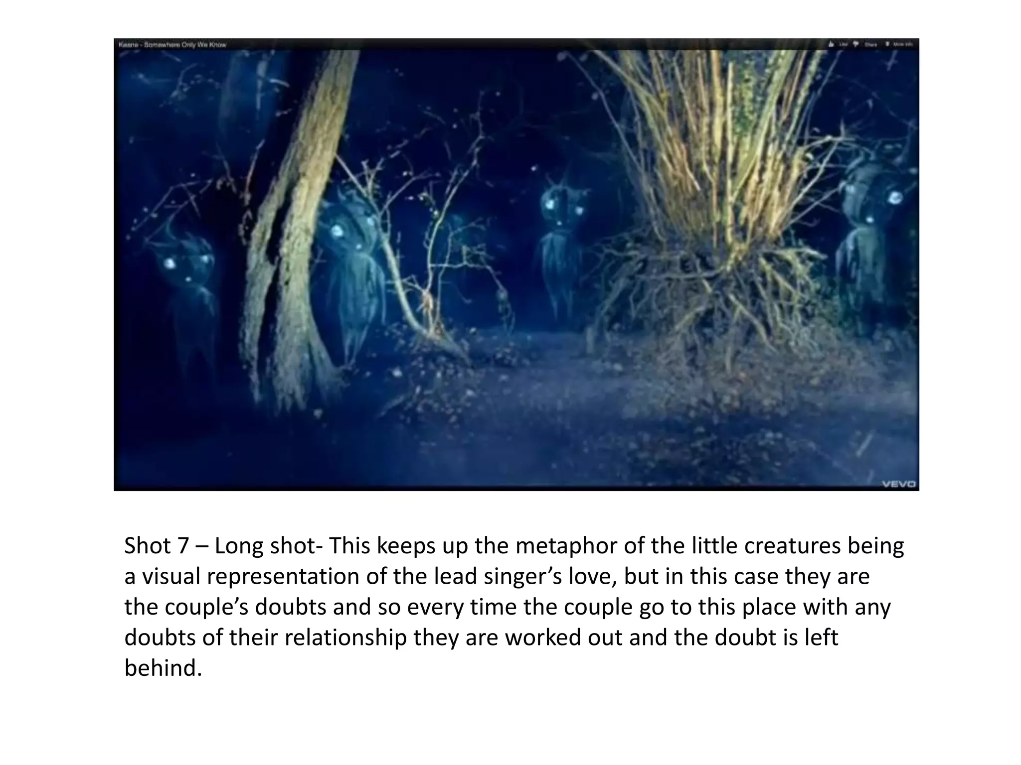 Shot 7 – Long shot- This keeps up the metaphor of the little creatures being
a visual representation of the lead singer’s love, but in this case they are
the couple’s doubts and so every time the couple go to this place with any
doubts of their relationship they are worked out and the doubt is left
behind.
 