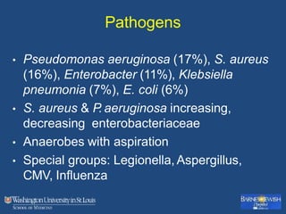 • Pseudomonas aeruginosa (17%), S. aureus
(16%), Enterobacter (11%), Klebsiella
pneumonia (7%), E. coli (6%)
• S. aureus & P. aeruginosa increasing,
decreasing enterobacteriaceae
• Anaerobes with aspiration
• Special groups: Legionella, Aspergillus,
CMV, Influenza
Pathogens
 