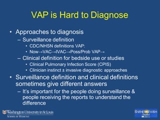 VAP is Hard to Diagnose
• Approaches to diagnosis
– Surveillance definition
• CDC/NHSN definitions VAP:
• Now→VAC→IVAC→Poss/Prob VAP→
– Clinical definition for bedside use or studies
• Clinical Pulmonary Infection Score (CPIS)
• Clinician instinct ± invasive diagnostic approaches
• Surveillance definition and clinical definitions
sometimes give different answers
– It’s important for the people doing surveillance &
people receiving the reports to understand the
difference
 