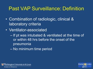 Past VAP Surveillance: Definition
• Combination of radiologic, clinical &
laboratory criteria
• Ventilator-associated
– If pt was intubated & ventilated at the time of
or within 48 hrs before the onset of the
pneumonia
– No minimum time period
 