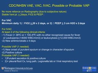 CDC/NHSN VAE, VAC, IVAC, Possible or Probable VAP
No more reliance on Radiography (due to subjective nature)
Stable Vent pt. > 2days, FiO2 & PEEP :
For VAC
Minimum daily 1) ↑ FiO2 >.20 x 2 days, or 2) ↑ PEEP > 3 cm H2O x 2 days
For IVAC
At least 2 of the following clinical criteria:
• 1) Fever (> 380C or > 100.40F) with no other recognized cause for fever
or Leukopenia (<4000 WBC/mm3) or leukocytosis (>12,000 WBC/mm3)
•2) New antimicrobials x 4 days
Possible VAP (1 needed)
•1) New onset of purulent sputum or change in character of sputum
•2) Positive culture
Probable VAP (1 needed)
• 1)Purulent secretion & positive culture
• 2)+ pleural fluid Cx, lung path, Legionella lab or Viral respiratory test
 