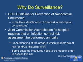 Why Do Surveillance?
• CDC Guideline for Prevention of Nosocomial
Pneumonia
– to facilitate identification of trends & inter-hospital
comparisons”
• Joint Commission Accreditation for hospital
requires that an infection control risk
assessment be performed annually
– understanding of the areas in which patients are at
risk for HAIs (including VAP)
– Some outcome measures need to be made in order
to assess this risk
CDC, MMWR 2004;53(No. RR-3)
 