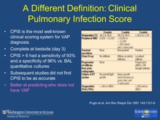 A Different Definition: Clinical
Pulmonary Infection Score
• CPIS is the most well-known
clinical scoring system for VAP
diagnosis
• Complete at bedside (day 3)
• CPIS > 6 had a sensitivity of 93%
and a specificity of 96% vs. BAL
quantitative cultures
• Subsequent studies did not find
CPIS to be as accurate
• Better at predicting who does not
have VAP
Pugin et al. Am Rev Respir Dis 1991 143:1121-9
 