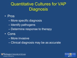 Quantitative Cultures for VAP
Diagnosis
• Pros
– More specific diagnosis
– Identify pathogens
– Determine response to therapy
• Cons
– More invasive
– Clinical diagnosis may be as accurate
 