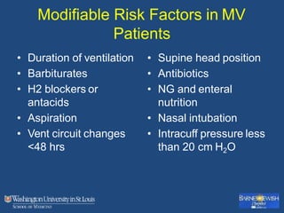 Modifiable Risk Factors in MV
Patients
• Duration of ventilation
• Barbiturates
• H2 blockers or
antacids
• Aspiration
• Vent circuit changes
<48 hrs
• Supine head position
• Antibiotics
• NG and enteral
nutrition
• Nasal intubation
• Intracuff pressure less
than 20 cm H2O
 