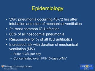 Epidemiology
• VAP: pneumonia occurring 48-72 hrs after
intubation and start of mechanical ventilation
• 2nd most common ICU infection
• 80% of all nosocomial pneumonia
• Responsible for ½ of all ICU antibiotics
• Increased risk with duration of mechanical
ventilation (MV)
– Rises 1-3% per day
– Concentrated over 1st 5-10 days ofMV
 