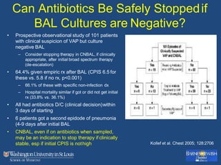 Can Antibiotics Be Safely Stoppedif
BAL Cultures are Negative?
• Prospective observational study of 101 patients
with clinical suspicion of VAP but culture
negative BAL
– Consider stopping therapy in CNBAL, if clinically
appropriate, after initial broad spectrum therapy
(de-escalation)
• 64.4% given empiric rx after BAL (CPIS 6.5 for
these vs. 5.8 if no rx, p<0.001)
– 66.1% of these with specific non-infection dx
– Hospital mortality similar if got or did not get initial
rx (33.8% vs. 36.1%)
• All had antibiotics D/C (clinical decision)within
3 days of starting
• 6 patients got a second epidode of pneumonia
(4-9 days after initial BAL
• CNBAL, even if on antibiotics when sampled,
may be an indication to stop therapy if clinically
stable, esp if initial CPIS is nothigh Kollef et al. Chest 2005; 128:2706
 